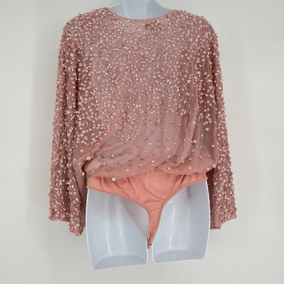 ASOS Pink Sequin Wrap Tall Length Bodysuit NEW Size US8 - Picture 4 of 10